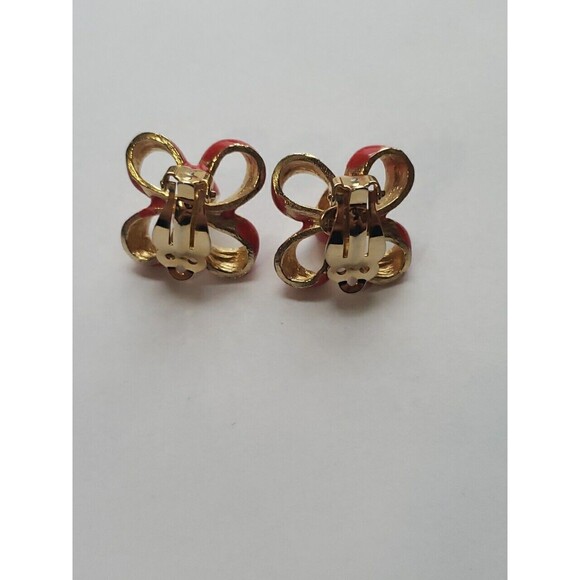 Vintage Gay Boyer Red Enamel Ribbon Bow Clip On Earrings Gold Tone Signed Retro - Picture 7 of 15
